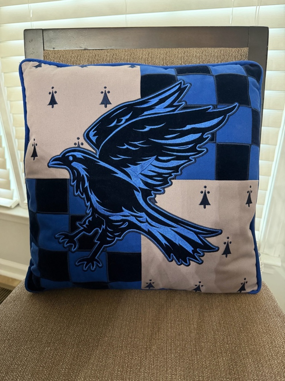Harry Potter Embroidered Ravenclaw Graphic Pillow in Blue and Gray
